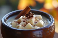 Creamy rice pudding with diced pears in rustic ceramic bowl garnished with cinnamon stick, star anise and nutmeg powder against warm bokeh background.