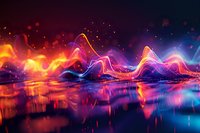 Abstract neon waves reflecting on water surface with vibrant orange and purple colors, glowing particles and dynamic light effects creating futuristic landscape.