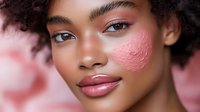 Young African American woman with natural curly hair and pink glitter makeup on cheek, wearing glossy lipstick against pink background, beauty and cosmetics concept.