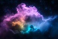 Colorful cosmic clouds in deep space featuring vibrant purple, yellow and turquoise nebula formations against starry night sky background.