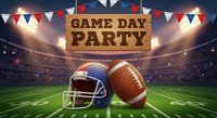 Game day party celebration with football helmet and ball on stadium field under bright lights with red white blue bunting decorations for sports event.