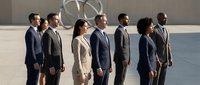 Diverse business team of professionals standing in formation at modern corporate headquarters with geometric architecture background.