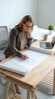 Professional blonde Caucasian female architect reviewing blueprints at wooden desk in modern office workspace with laptop and coffee cup.