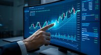 Businessman analyzing financial data on digital screen with candlestick charts and market trends for investment strategy and trading decisions.