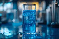 Tall glass filled with bright blue carbonated beverage against blurred dark background, bubbles rising through transparent liquid creating refreshing drink effect.