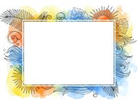 Tropical watercolor frame with palm leaves and decorative swirls on white background, perfect for summer designs, invitations and creative projects.