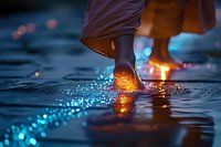 Bare foot stepping into water reflection at night with glowing orange and blue bokeh lights creating magical atmosphere on wet surface.