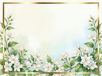 Elegant floral frame with white blossoms and green foliage on soft background with golden border for wedding invitations and greeting cards.