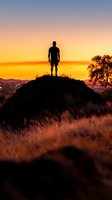 Male athlete standing on hilltop at golden sunset, silhouetted against vibrant orange sky, overlooking valley landscape. Fitness, motivation, and outdoor adventure concept.