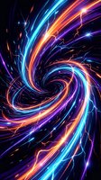 Dynamic energy vortex with vibrant neon light trails creating spiral motion effect on dark background for digital art and technology designs.
