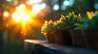 Succulent plant in ceramic pot at sunset with magical bokeh light effects and sun flare creating dreamy garden atmosphere. Natural macro photography.