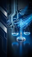 Digital justice scales with glowing blue circuit board background representing legal technology, cyber law, and modern jurisprudence in futuristic setting.
