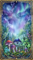 Enchanted forest scene with glowing mushrooms, aurora borealis, crescent moon, and ornate gold frame border. Magical woodland landscape with bioluminescent fungi and starry night sky for fantasy art, tarot, and mystical designs.