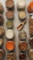 Assorted grains, legumes, nuts and seeds in glass jars with wooden scoop for healthy cooking and pantry organization on neutral background.