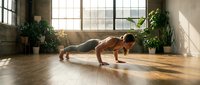 Man performing plank exercise in bright loft studio with large windows and potted plants, fitness training and core strength workout.