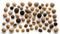 Assorted walnuts in shells and halves arranged on white background for healthy snacking and cooking ingredients display.