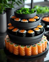 Fresh sushi rolls and gunkan maki with salmon roe served on modern black tiered stand, topped with steamed broccoli, restaurant presentation style.