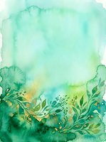 Watercolor botanical background with soft turquoise and green washes, featuring delicate foliage and gold accents. Isolated on white, ready for design projects, invitations, and creative layouts.