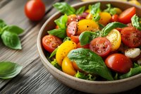 Fresh colorful cherry tomato salad with red and yellow tomatoes, basil leaves in ceramic bowl on rustic wooden background, healthy Mediterranean cuisine.