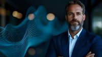 Confident mature businessman with gray beard wearing navy suit against abstract blue wave background, arms crossed in professional pose.
