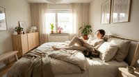 Man relaxing on bed in modern bedroom with natural light from window, neutral tones, and potted plants for home decor and interior design inspiration.