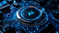 Glowing AI symbol on computer circuit board with blue technological pattern, representing artificial intelligence and machine learning advancement.