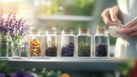 Glass jars filled with dried herbs, flowers and natural ingredients on wooden shelf with lavender plant, soft sunlight and blurred female hands in background.