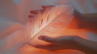 Delicate white feather floating above open palm against warm orange background, creating ethereal atmosphere with soft focus and gentle illumination.
