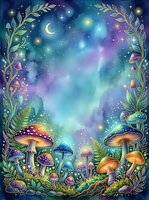 Enchanted forest floor with glowing mushrooms, luminescent plants, and starry night sky framed by ornate botanical borders in mystical purple, blue, and gold tones.