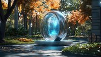 Futuristic portal gateway in autumn park setting with glowing blue energy field, surrounded by fall foliage and stone pillars on circular platform.