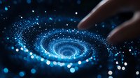 Magical spiral galaxy formation with finger touching glowing blue cosmic dust and stars in dark space, creating ethereal swirling celestial pattern.