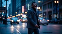 Young Black male professional wearing dark blazer and sunglasses standing on wet urban street at dusk with blurred city lights and traffic in background for business, lifestyle, and corporate use.