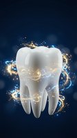 White tooth with golden magical sparkles and blue energy swirls on dark background for dental care and oral health concepts.
