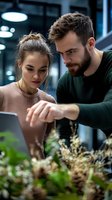 Young Caucasian man and woman collaborating on laptop in modern office environment, focused teamwork and business partnership for professional projects.