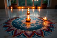 Glowing tea light candles arranged on colorful mandala rangoli pattern create spiritual atmosphere with warm candlelight reflections on white surface in evening setting.