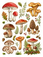 Botanical illustration of various mushroom and toadstool species with woodland foliage, isolated on white background, suitable for educational materials, design projects, and nature-themed applications.
