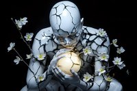 Cracked stone humanoid figure holding glowing orb surrounded by white flowers on dark background for fantasy art projects.