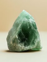 Raw green fluorite crystal specimen with natural triangular pyramid shape and translucent surface showing internal veining and mineral structure on neutral background.