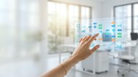 Hand touching holographic business dashboard with charts and graphs in modern office environment for digital transformation and data analytics.