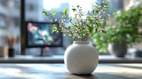 Small green plant branches with white flowers in round minimalist ceramic vase on wooden table, home office workspace with monitor in background.