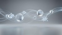 Transparent glass spheres and crystalline geometric shapes flow along luminous wave lines against neutral background for modern design projects.