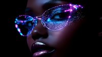 Cosmic makeup art on dark-skinned model wearing luminous glasses with starry galaxy effect and metallic purple lipstick in dramatic neon lighting.