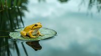 Small golden yellow frog sitting on lily pad in calm pond water with green plants and soft natural lighting creating peaceful wetland scene.