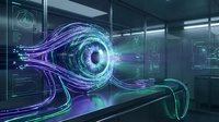 Futuristic digital eye with purple and green holographic data streams in modern tech laboratory for cybersecurity and artificial intelligence concepts.