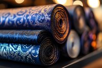 Rolled luxury fabric bolts with ornate blue damask pattern displayed in textile store, selective focus on detailed baroque swirls and metallic sheen.