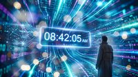 Businessman silhouette viewing futuristic digital clock display with glowing data streams and light effects in cyber technology environment.