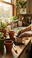 Hands planting seedling in terracotta pot on wooden kitchen counter with warm sunlight streaming through window creating cozy indoor gardening atmosphere.