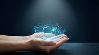 Hands holding a glowing digital hologram with network connections, representing innovation, technology, and the future of artificial intelligence.
