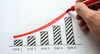Hand drawing red growth arrow over ascending bar chart showing 5-year business progress on white paper for financial planning presentations.