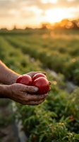 Farmer hands holding fresh ripe red tomatoes at sunset in agricultural field. Organic farming and harvest concept for food industry marketing.